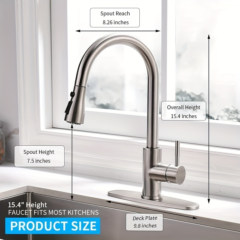 Single Handle High Arc Brushed Nickel/Chrome Pull Out Kitchen Faucet, Stainless Steel Kitchen Sink Faucet with Pull Down Sprinkler Kitchen Faucet for Farmhouse Camper Laundry Rv Bar