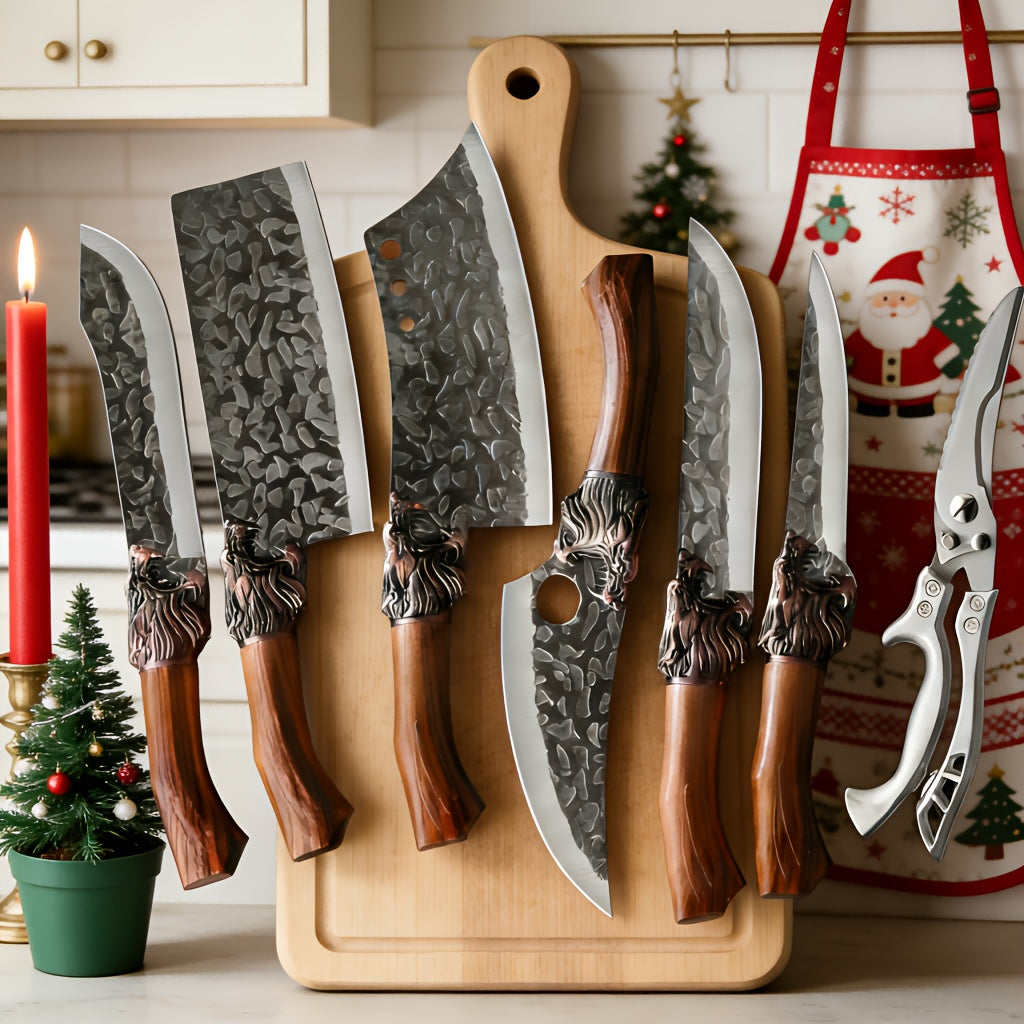 Kitchen Knife Set 7-Piece Ultra-Sharp Stainless Steel Forged, Chef's Knife, Bone Cleaver, Meat Cleaver & Scissors – Professional Home Cooking Knives, Gift for Women & Home Cooks