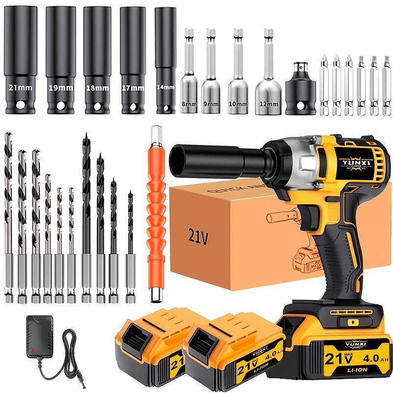 21V Cordless Electric Impact Wrench Full Kit – Lithium Battery, Charger, Toolbox & Sockets Included, High Torque Wireless Wrench for Car Repair, Home & Family Use, Gift for Men & Mechanics