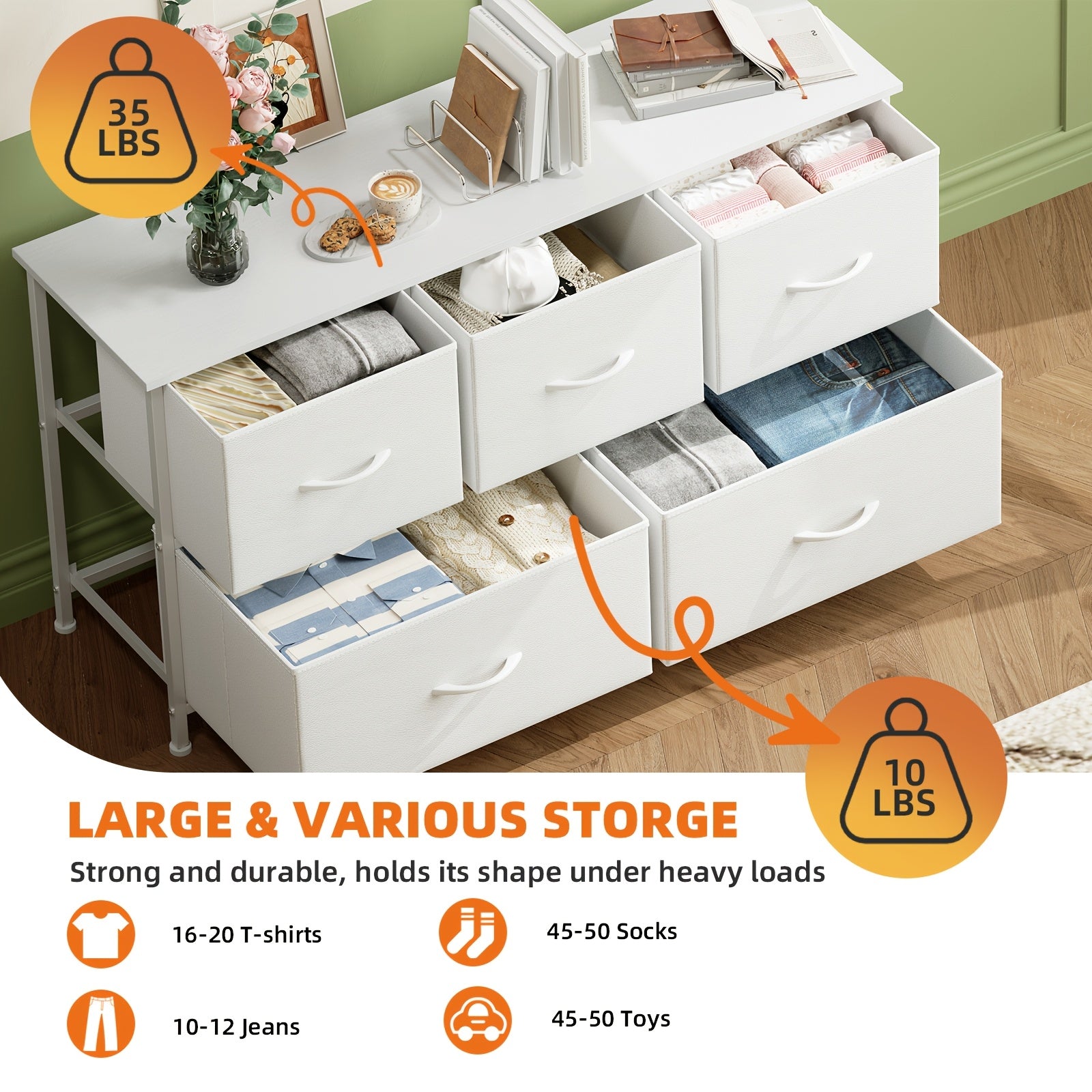 EUNOS Chest Of Drawers White with 5 Drawers Made Of Fabric, Sideboard with Wooden Top, Cupboard Wide for Living Room, Hallway, Dresser Cabinet, Kitchen Cabinet