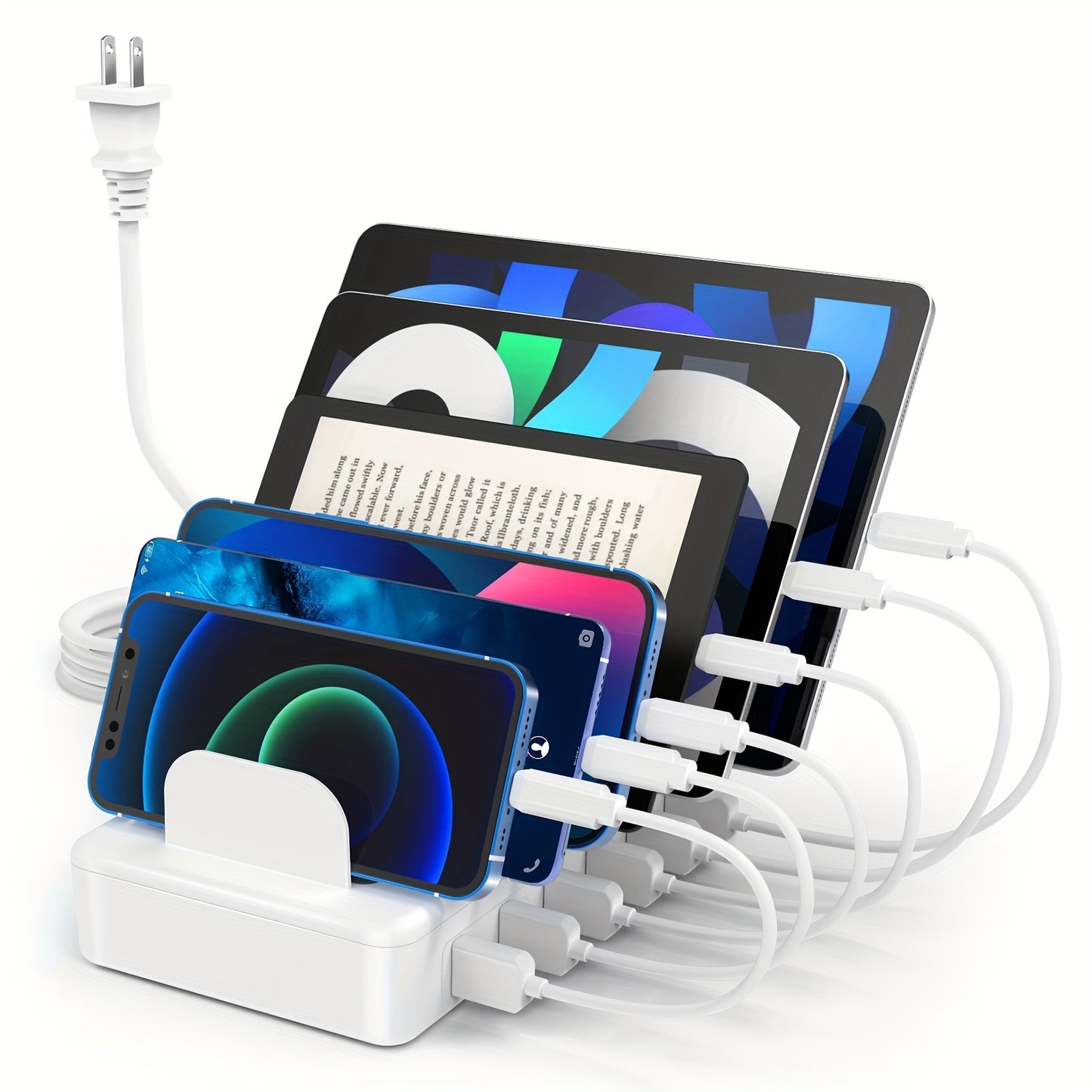 50W 6-Port USB Charging Station with Organizer & 6 Cables, 2.4A Smart Chip, Flame-Retardant ABS, Charges Phone, Tablet, Kindle & Electronics – Gift Box Included