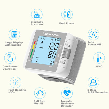 Wrist Blood Pressure Monitor Automatic with Voice Broadcast – Dual User Mode, 198 Memory, Large 2.3" Display, One-Touch Operation, Adjustable Cuff, USB or Battery Powered, Portable BP Machine Canada