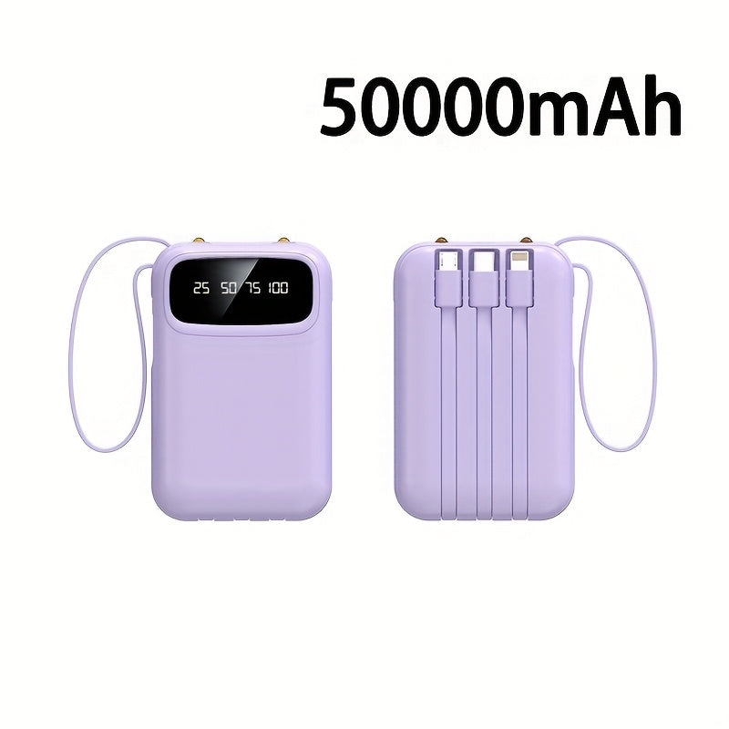50000mAh Portable Power Bank – Fast Charging for iPhone & Android, 4 Built-In Cables, LED Power Display, Lanyard, Outdoor Emergency Backup Battery (Black/Purple)