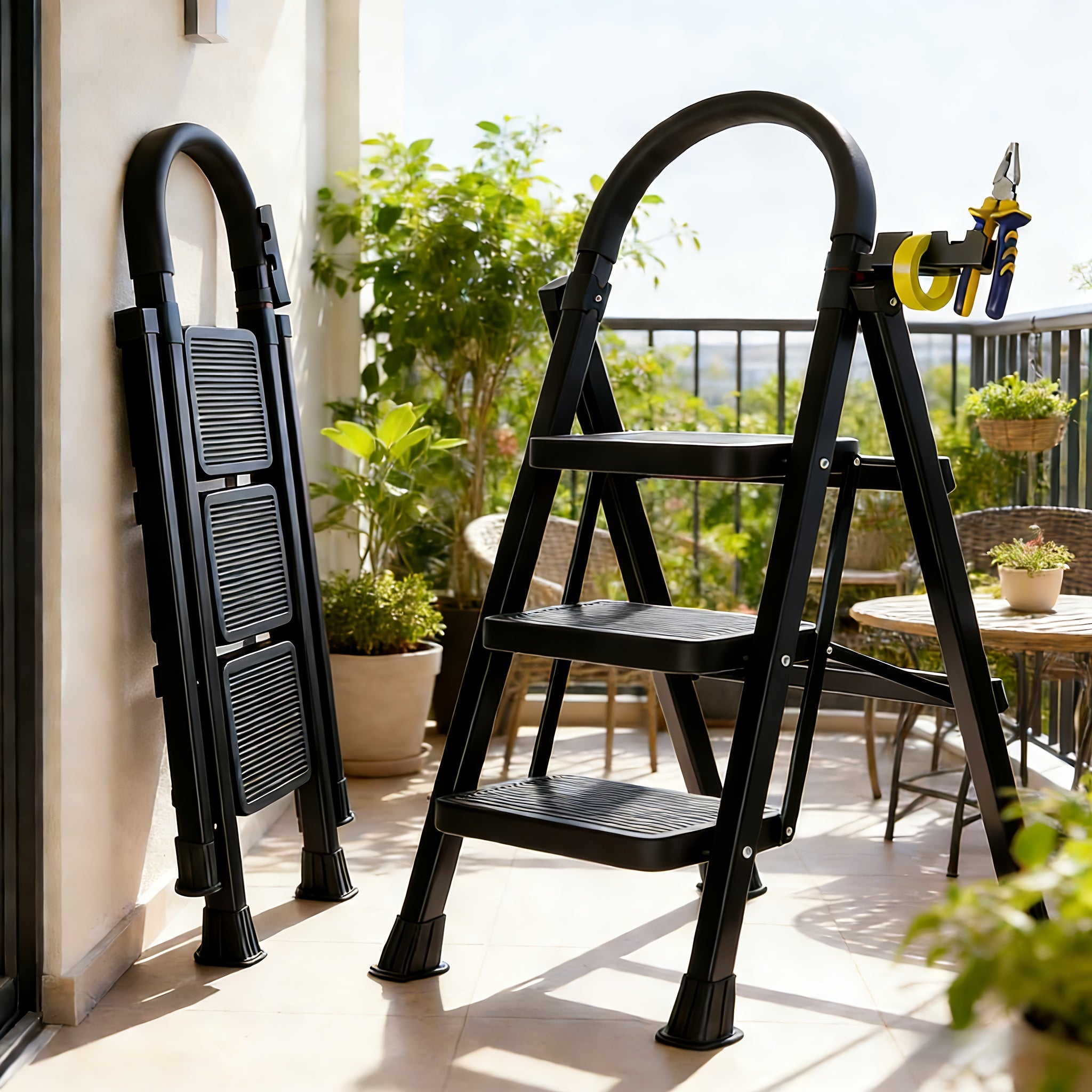 500 Lbs Folding Step Ladder – 3/4/5 Step Heavy-Duty Steel, Anti-Slip Wide Treads, Handrails & Safety Lock, Portable Multi-Use Step Stool for Home, Kitchen & Workshop