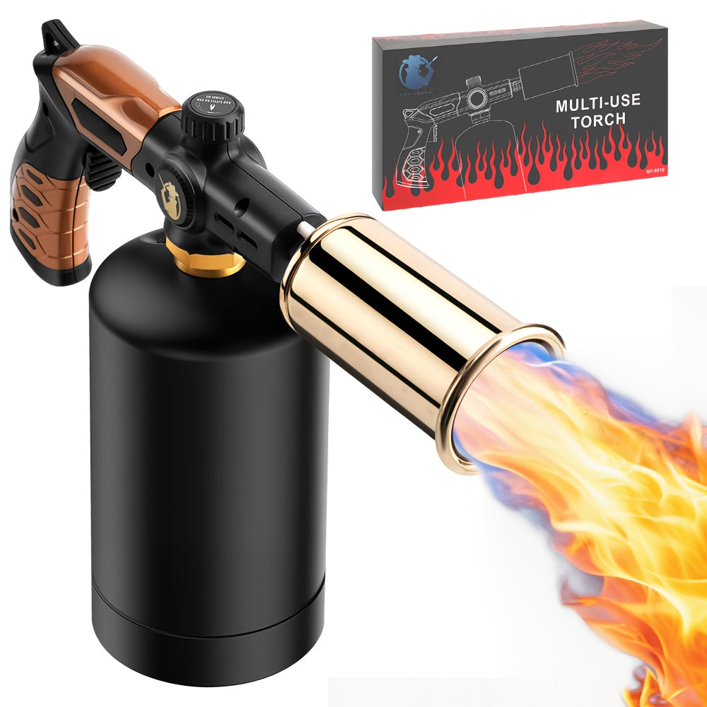 Propane Torch Burner for BBQ Searing Steak Cooking, Adjustable Flame Culinary Torch Gun, Campfire Starter Sous Vide Welding Tool, Ergonomic Grip, 1800°C (Gold, Propane Tank Not Included)