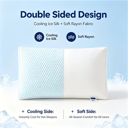 Fiber Filling Cooling Bed Pillows 2-Pack with Satin Zipper Cover – Breathable Moisture-Wicking Neck Support Sleep Pillow, Medium Firmness, All-Season Home Bedding