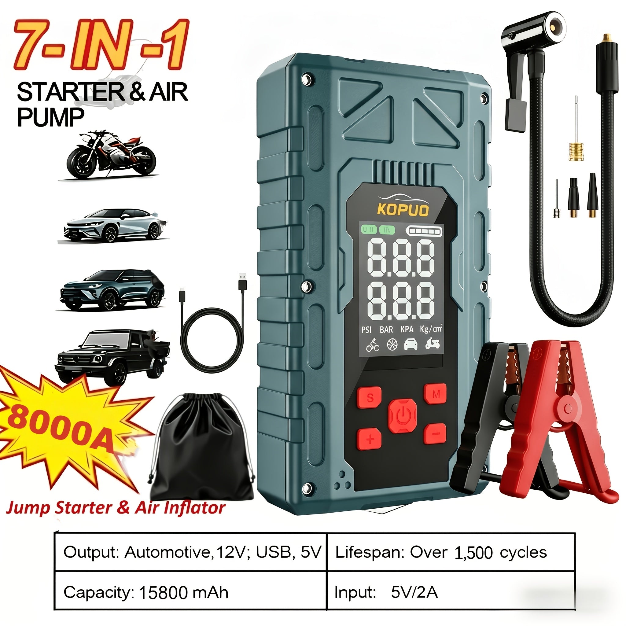 Car Jump Starter 5000A/6000A/8000A Portable Battery Booster Pack with USB Power Bank & LED Flashlight – 12V for Vehicles, Trucks & SUVs