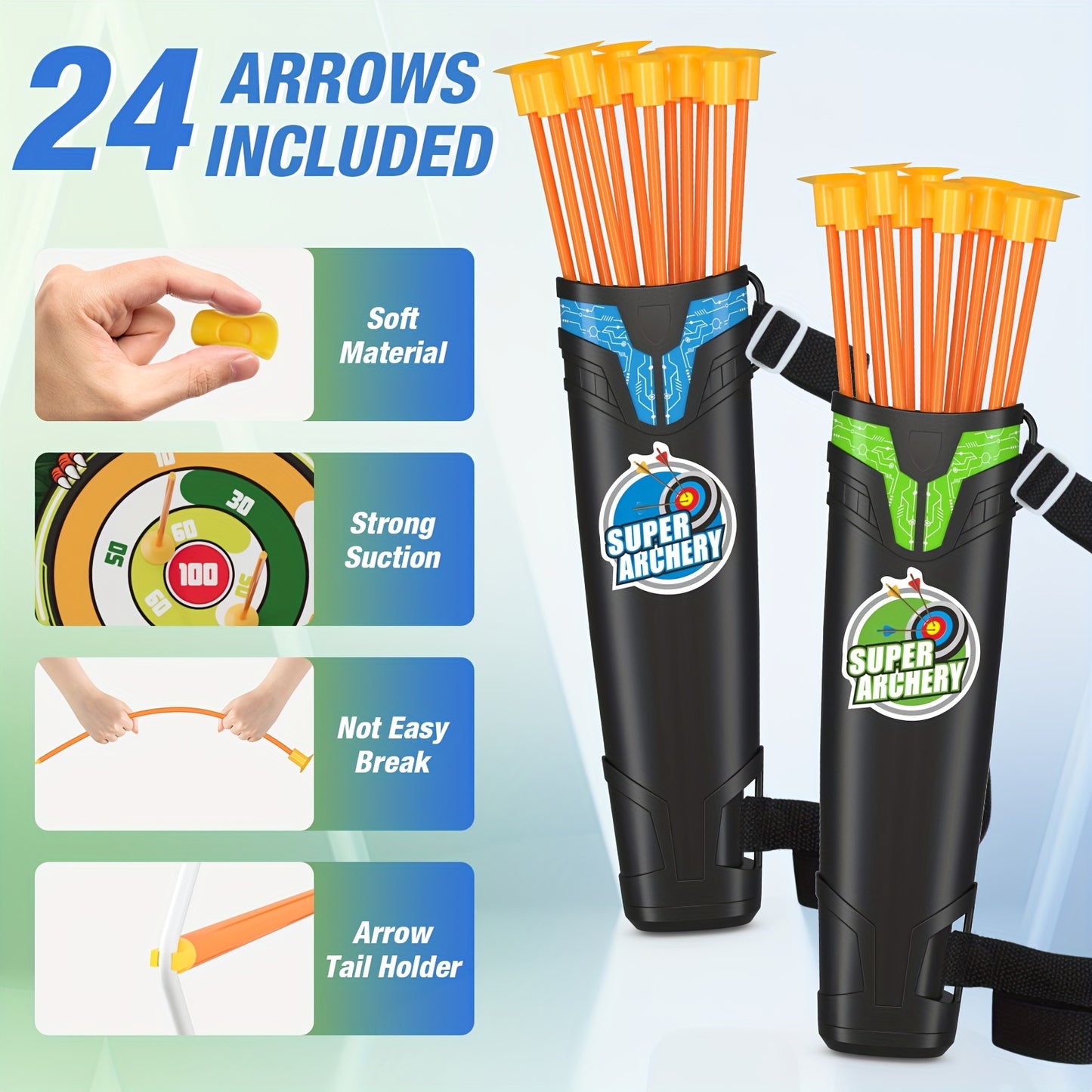 Bow and Arrow Archery Toy Set for Kids – 2 Bows, 24 Suction Cup Arrows & 29" Illuminated Dart Board, Indoor Outdoor Gift for Boys & Girls Ages 3-12