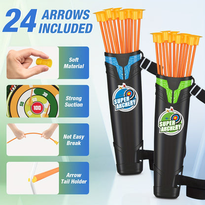 Bow and Arrow Archery Toy Set for Kids – 2 Bows, 24 Suction Cup Arrows & 29" Illuminated Dart Board, Indoor Outdoor Gift for Boys & Girls Ages 3-12