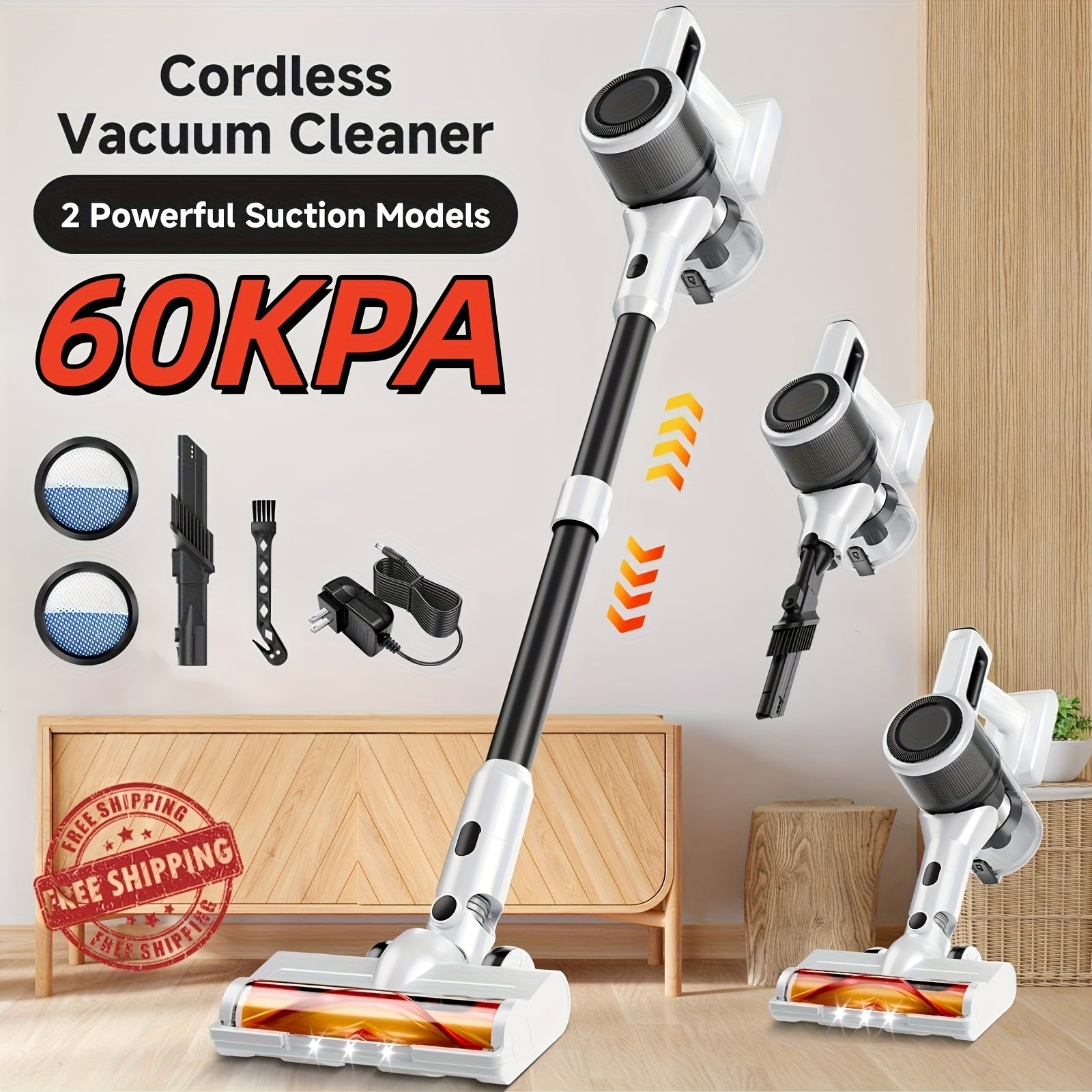 Cordless Stick Vacuum Cleaner 60Kpa Max Suction - Lightweight Rechargeable Handheld Vacuum for Hardwood Floors, Carpets & Pet Hair, Anti-Tangle Brush, 45-Min Runtime, Corded & Cordless 2-in-1