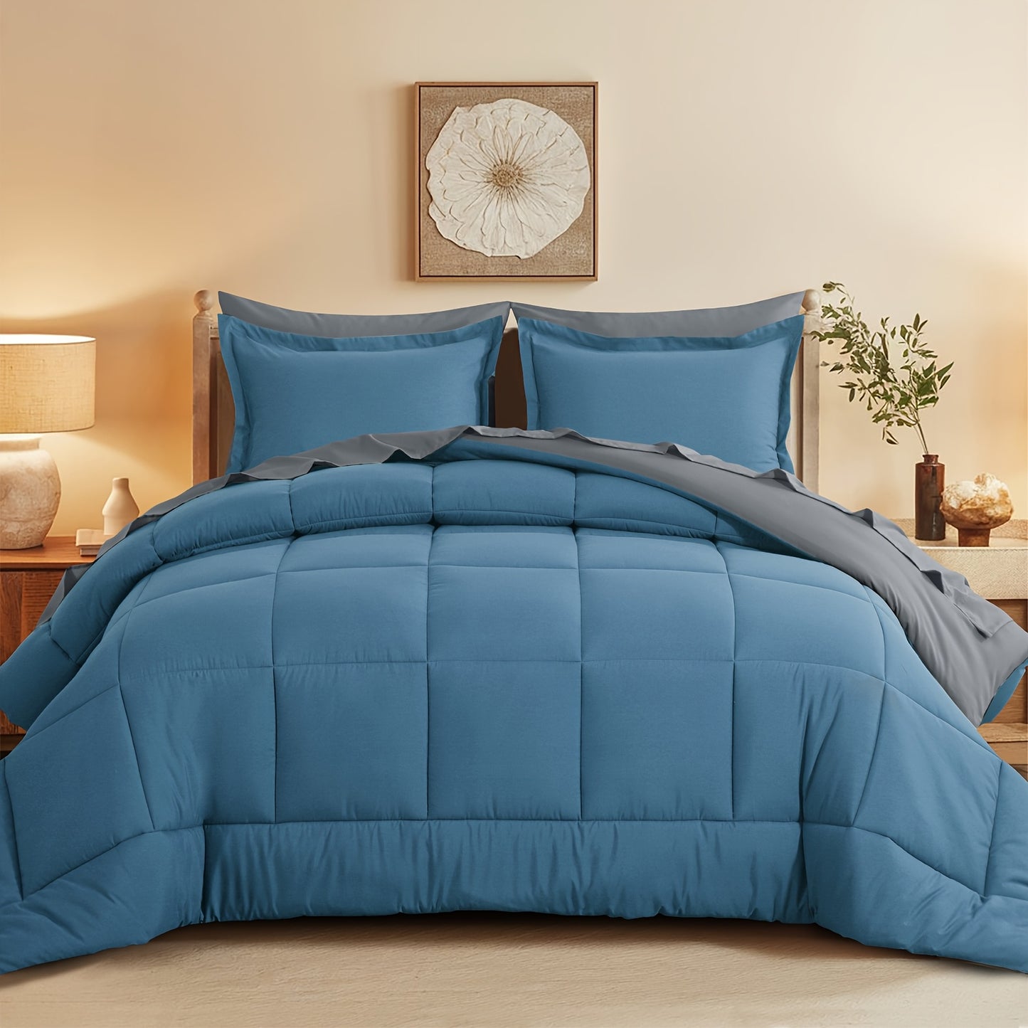 7pcs Reversible Bedding Set Soft Microfiber – Lightweight Breathable Comforter Flat Sheet Fitted Sheet & Pillowcases, All-Season Family Bedding Gift Set