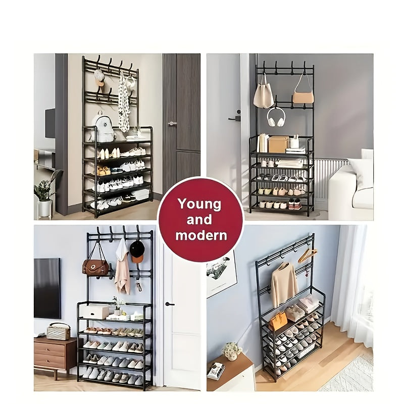 23.62 Inch/172cm 5-Tier Multi-Functional Storage Rack with 8 Double Hooks, Multi-Functional Clothes Hanger and Shoe Rack, Self-Assembly Shoe Rack Storage Box for Living Room, Bathroom, Hallway