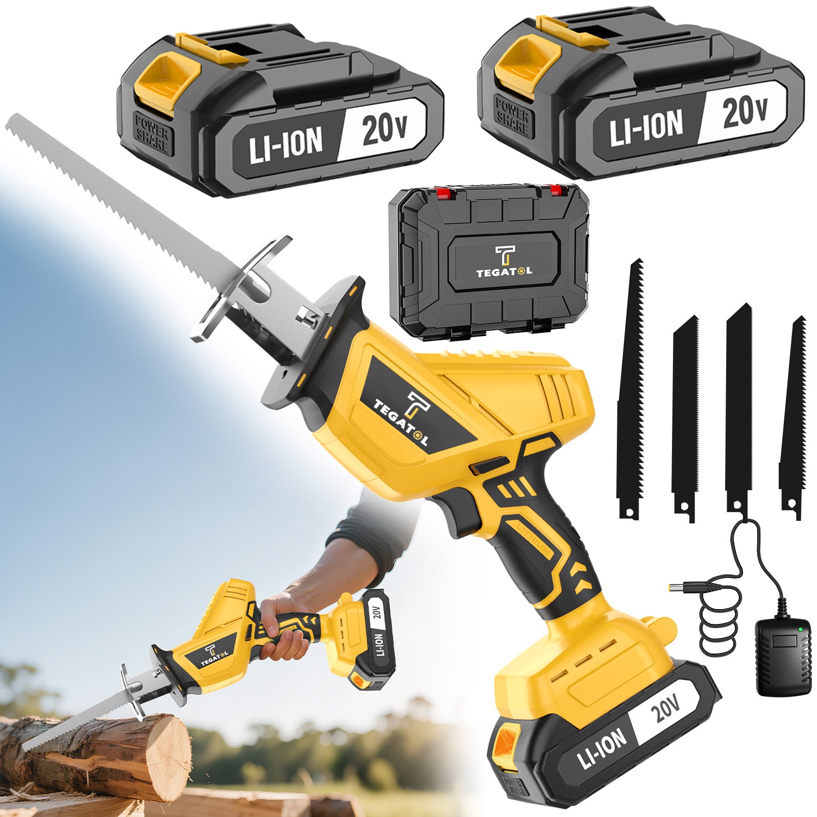 20V Cordless Reciprocating Saw Kit with Lithium Battery & Fast Charger – 3000RPM Electric Sabre Saw, 4 Blades, Cuts Wood Metal PVC – Portable Power Saw Tool Gift for Men