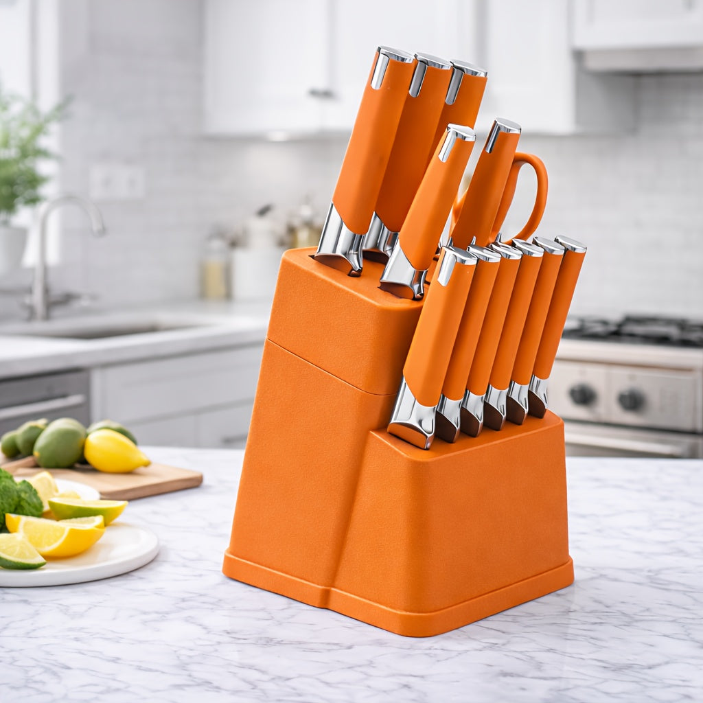 13-Piece Kitchen Knife Set with Block & Holder – 6 Steak Knives, Chef Knife, Bread Knife & Scissors Included – Sharp Stainless Steel Blades – Housewarming Gift for Home Cooks