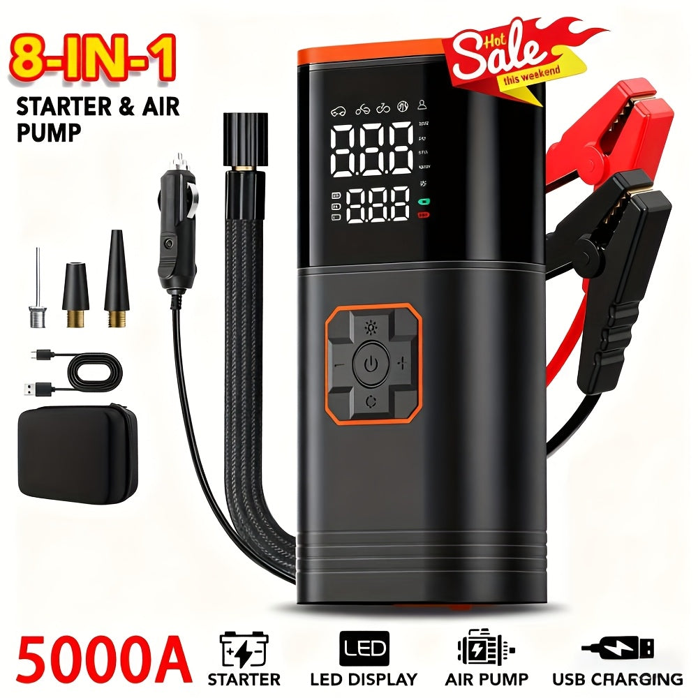 7000A Peak 12V Portable Emergency Jump Starter with Air Compressor, -C Fast, 12V Battery Charger, LED Light, Mobile Power Source, And Tire Inflator - 5-In-1 Multifunctional Emergency Power Unit, Plug Adapters, 24V/48V Input, 12V Output