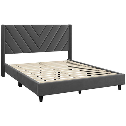 Upholstered Platform Bed with Tufted Headboard Wing Edge Wooden Slats Queen Full Bed Frame 800lb Capacity Beige Dark Gray Light Gray Pink - Canada