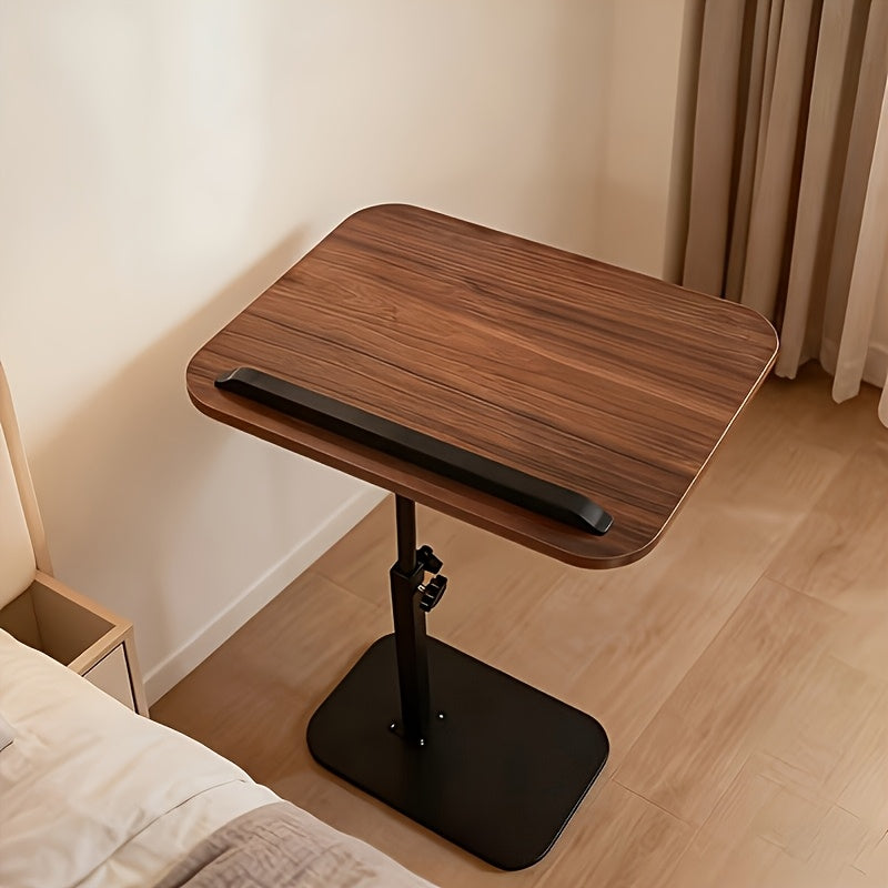 Modern Adjustable Height Rotating C-Shaped Side Table, Steel Frame Walnut Veneer HDF Countertop - Heavy-Duty Four-Wheel Rolling Storage Design, Suitable for Sofas, Beds, Living Rooms, Offices, Space Saving, Small-Sized Furniture, Easy Assembly