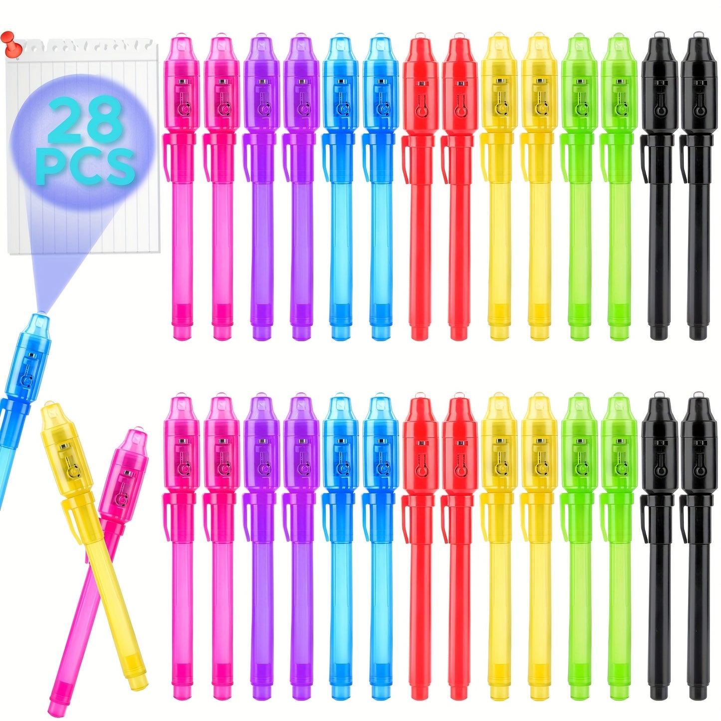 Invisible Ink Spy Pen Set for Kids with UV Light – 16 or 28 Pack Secret Message Markers, Party Favours, Goodie Bag Stuffers for Boys & Girls