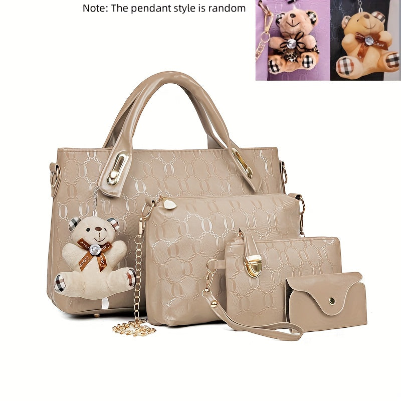 Embossed Women's 4-Piece Bag Set – Large Capacity Tote, Shoulder Crossbody Handbag with Bear Pendant | Retro Casual Style for Daily Commuting, Travel & Birthday Gifts | 9 Colours