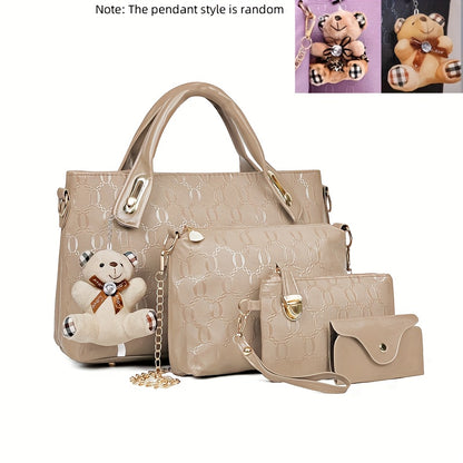 Embossed Women's 4-Piece Bag Set – Large Capacity Tote, Shoulder Crossbody Handbag with Bear Pendant | Retro Casual Style for Daily Commuting, Travel & Birthday Gifts | 9 Colours