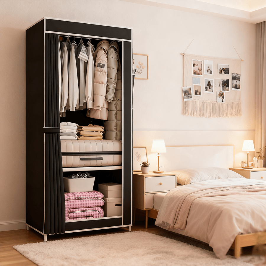 Portable Wardrobe Closet Clothes Organizer Non-Woven Fabric Cover with 6 Storage Shelves, 2 Hanging Sections, And 4 Side Pockets, Bedroom Wardrobe Dust-proof Storage, Portable Assembly Wardrobe, Living Room Wardrobe, Sturdy And Durable Wardrobe (170*128*4