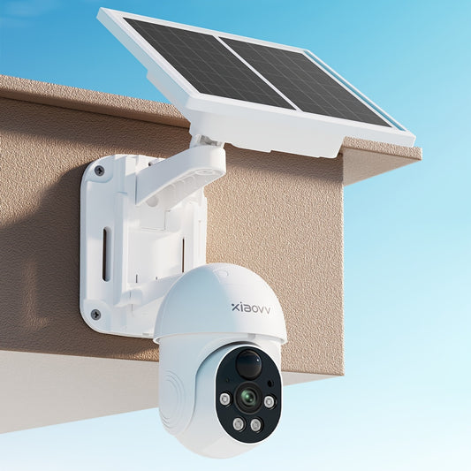 XIAOVV Solar Security Camera 360° PTZ Battery Powered Outdoor Wireless Monitoring Camera with Motion Detection Alerts, 2.4Ghz WiFi Connect, Color Night Vision, Two-Way Audio, for Home/Business Surveillance, Sleek Design, Durable Construction