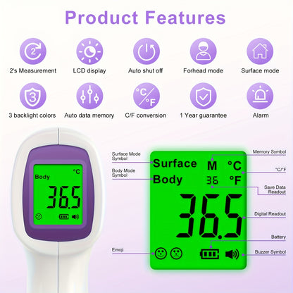 3-in-1 Infrared Forehead Thermometer with LCD Display – Touch-Free 1-Second Reading, Fever Alarm, Silent & Memory Mode, Home Travel Medical Use, Green Purple Blue