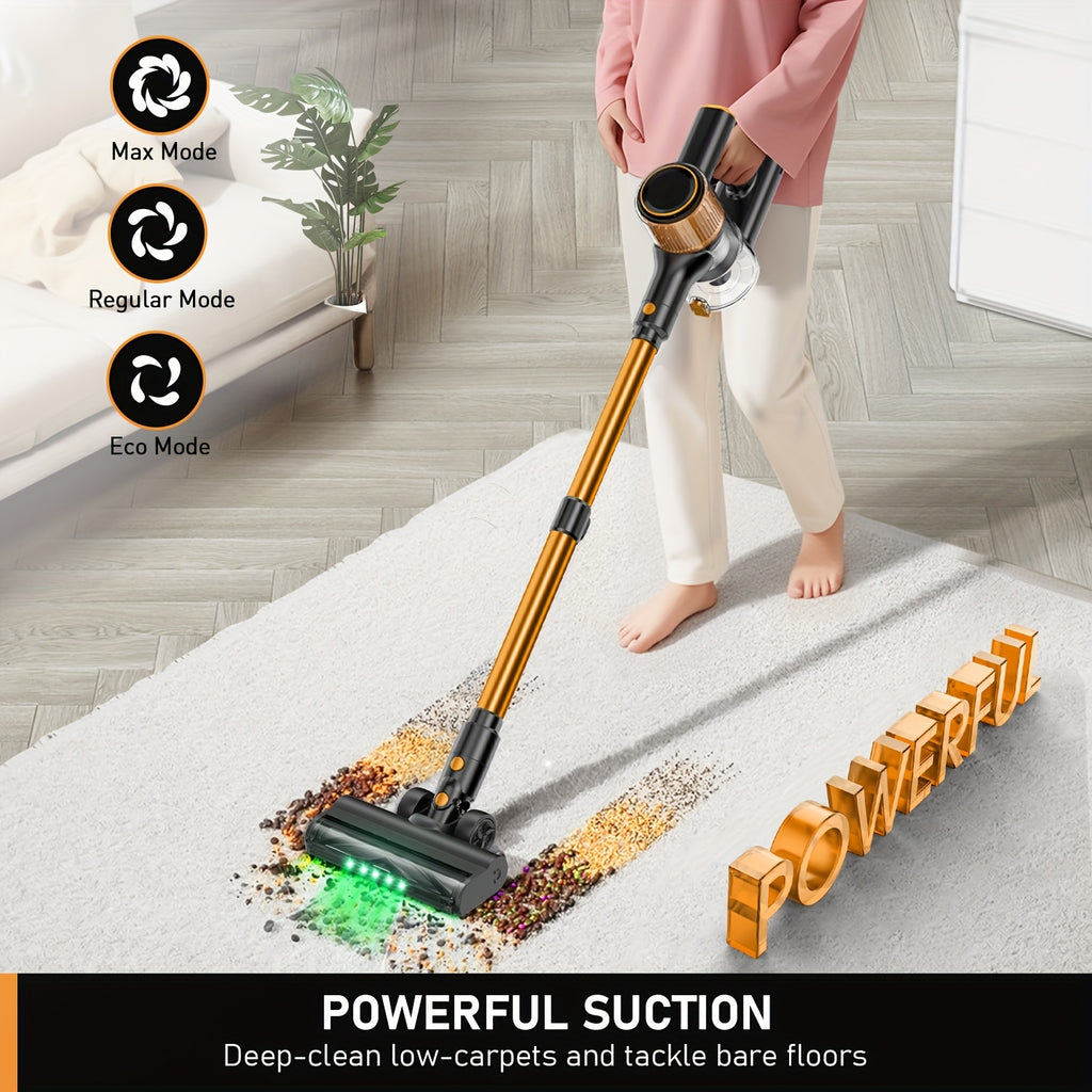 Cordless Vacuum Cleaner, 8-In-1 Lightweight Stick Vacuum with Powerful Suction, 3 Suction Modes, LED Display, Anti-Tangle Vacuum Cleaner for Home, Hard Floor, Carpet, Pet Hair, Orange