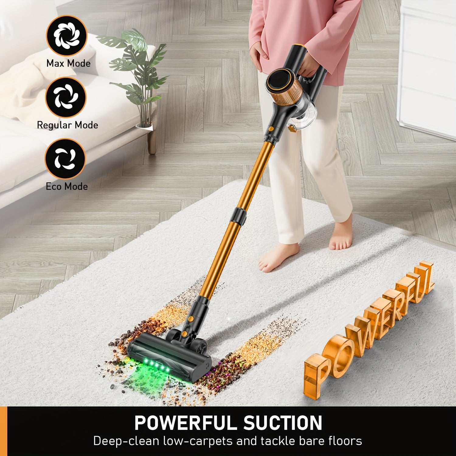 Cordless Vacuum Cleaner, 8-In-1 Lightweight Stick Vacuum with Powerful Suction, 3 Suction Modes, LED Display, Anti-Tangle Vacuum Cleaner for Home, Hard Floor, Carpet, Pet Hair, Orange