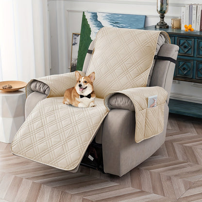 Waterproof Recliner Chair Cover Non-Slip Slipcover with Pocket – 5-Layer Quilted Furniture Protector for Pets, Washable, Easy Install, Elastic Straps – 9 Colours Including Black, Grey & Beige