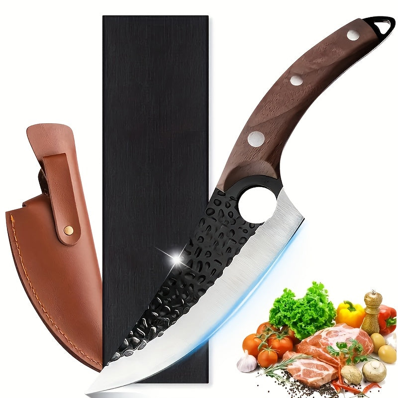 Hand-forged Chef's Knife with Hammered Pattern, Full-tang Curved Handle, Includes Leather Sheath And Gift Box; Ideal for Meat, Fish, Vegetables, Professional Outdoor Use, Stylish, Sturdy Riveted Handle