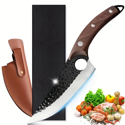 Hand-Forged Chef Knife with Hammered Pattern Blade, Full-Tang Curved Riveted Handle with Leather Sheath & Gift Box, Professional Kitchen Knife for Meat Fish Vegetables, Outdoor Camping BBQ