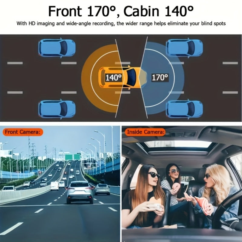 Dual Dash Cam Front 1080P And Cabin 720P, 170° Wide Angle, Night Vision, 24H Parking Monitor, G-Sensor, Loop Recording, Suction Cup Mount, Vehicle Recording, Compact Design, Reliable Recording, Longdistance Drivers, Christmas And Halloween Gift