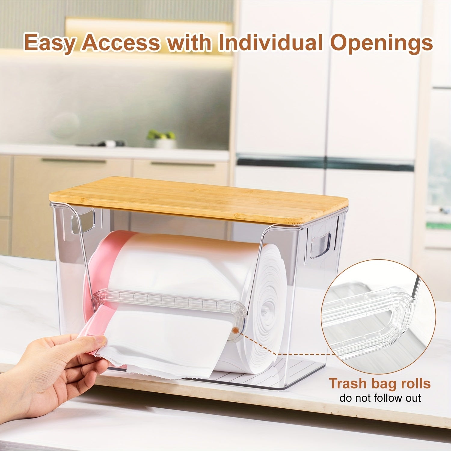 Clear Acrylic Stackable Trash Bag Dispenser with Bamboo Lid – Extra-Large Trash Bag Holder & Kitchen Organizer for Under-Sink, Laundry Room, Pantry & Cabinet Storage – 1, 2 or 4 Pack