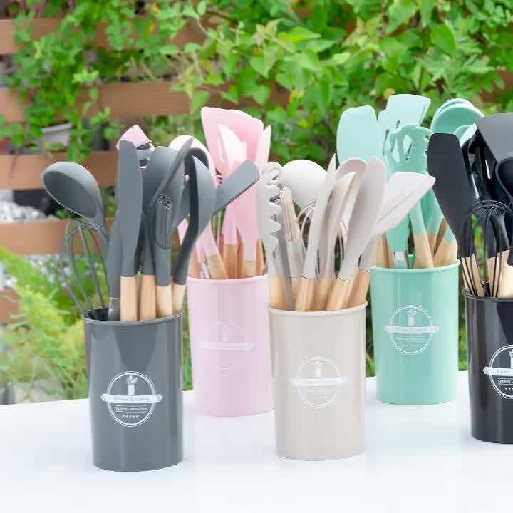 Silicone Kitchen Utensil Set 12-Piece with Wooden Handle, Non-Stick Safe Cooking Tools, Heat Resistant, Washable – Modern Kitchen Gadgets & Accessories for Home Cooking