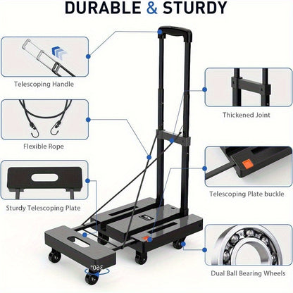 Foldable Hand Truck 500LB Capacity, Convertible Handcart with Extendable Adjustable Handle & 4 Wheels, Portable Folding Dolly Cart for Home Office Yard Moving Warehouse – Heavy Duty Material Handling