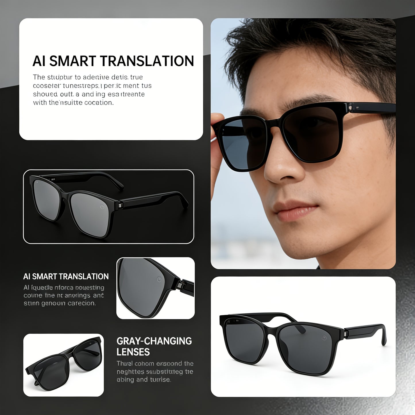 AI Smart Translation Glasses – Real-Time 140+ Languages, No Subscription, Photochromic Auto-Darkening Lenses, Light-Up Color-Changing Frame, for Office Travel Daily Wear (Stylish Business Sports Model)