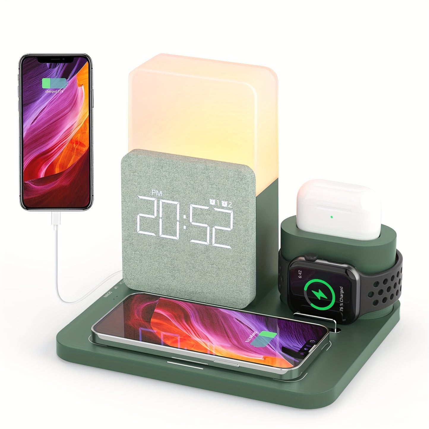 3-in-1 Wireless Charging Station with Alarm Clock for iPhone 12 13 14 15 Pro Max Mini AirPods Bedside Nightstand Charger - Canada