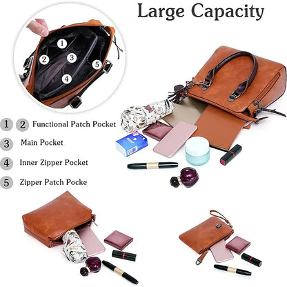 Oil Wax PU Tassel Women's 4-Piece Bag Set – Retro Tote, Crossbody Shoulder Bag, Handbag & Wallet | Large Capacity for Daily Commuting & Travel | Best Birthday, Christmas & Valentine's Day Gift
