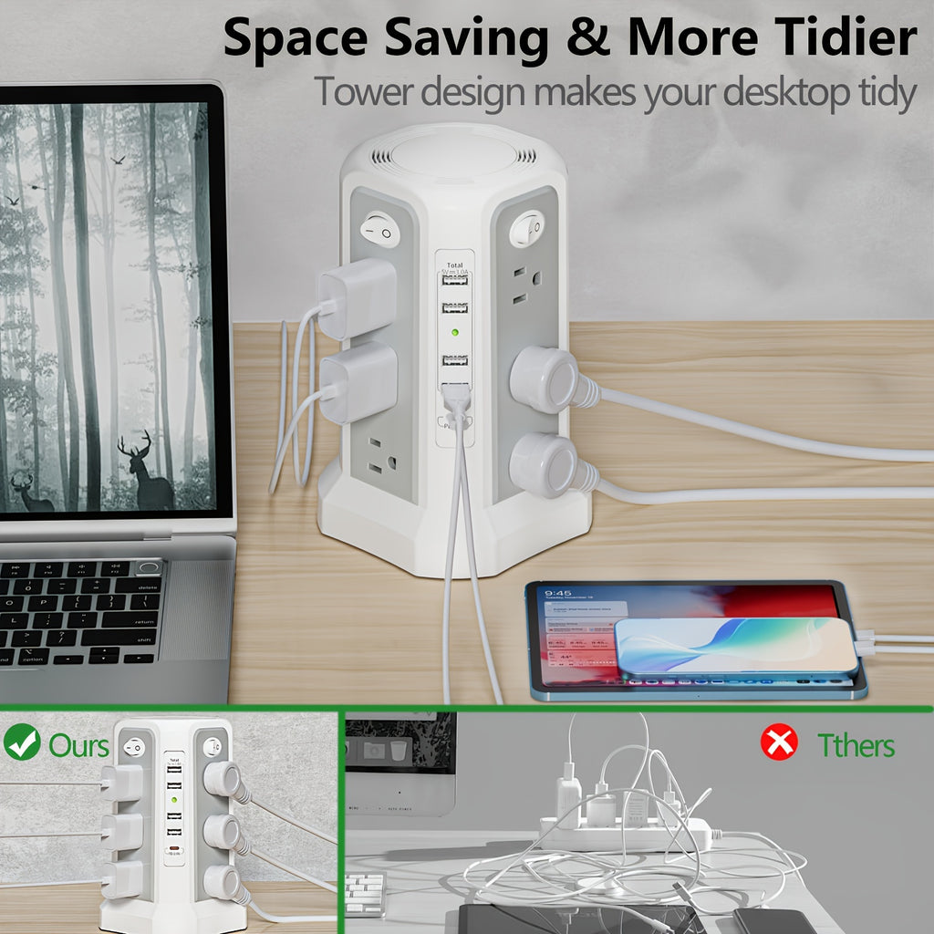 Tower Surge Protector Power Strip 17-in-1 – 8.8FT Extension Cord, 12 AC Outlets, 5 USB Ports with PD 18W USB-C, Surge Protection for Home Office Dorm & Business, Grey