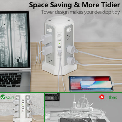 Tower Surge Protector Power Strip 17-in-1 – 8.8FT Extension Cord, 12 AC Outlets, 5 USB Ports with PD 18W USB-C, Surge Protection for Home Office Dorm & Business, Grey