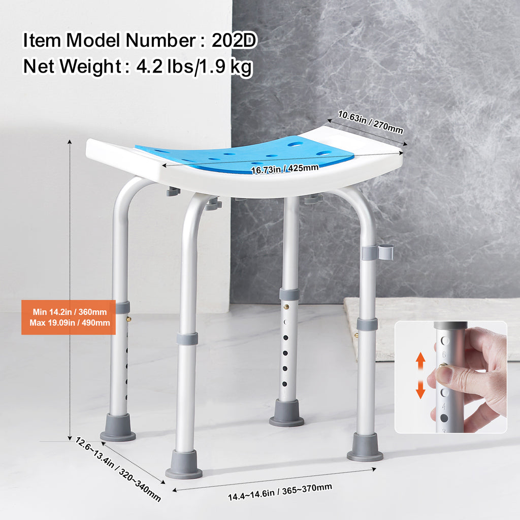 VEVOR Shower Chair, Adjustable Height Shower Stool, Shower Seat for Inside Shower or Tub, Non-Slip Bench Bathtub Stool Seat for Elderly Disabled Handicap, 350 LBS/ 500 LBS Capacity, No handrails/With handrails