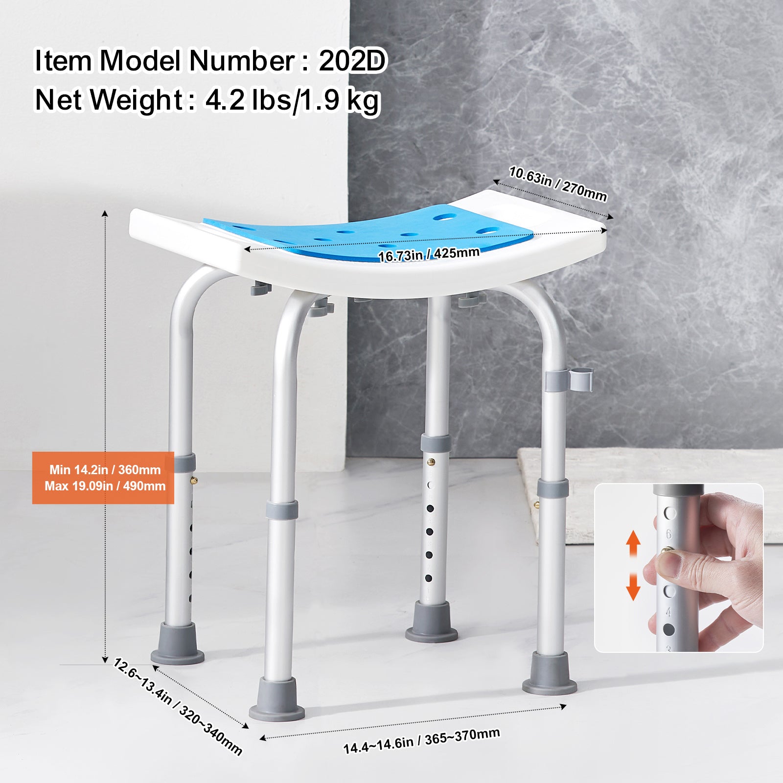 VEVOR Shower Chair, Adjustable Height Shower Stool, Shower Seat for Inside Shower or Tub, Non-Slip Bench Bathtub Stool Seat for Elderly Disabled Handicap, 350 LBS/ 500 LBS Capacity, No handrails/With handrails