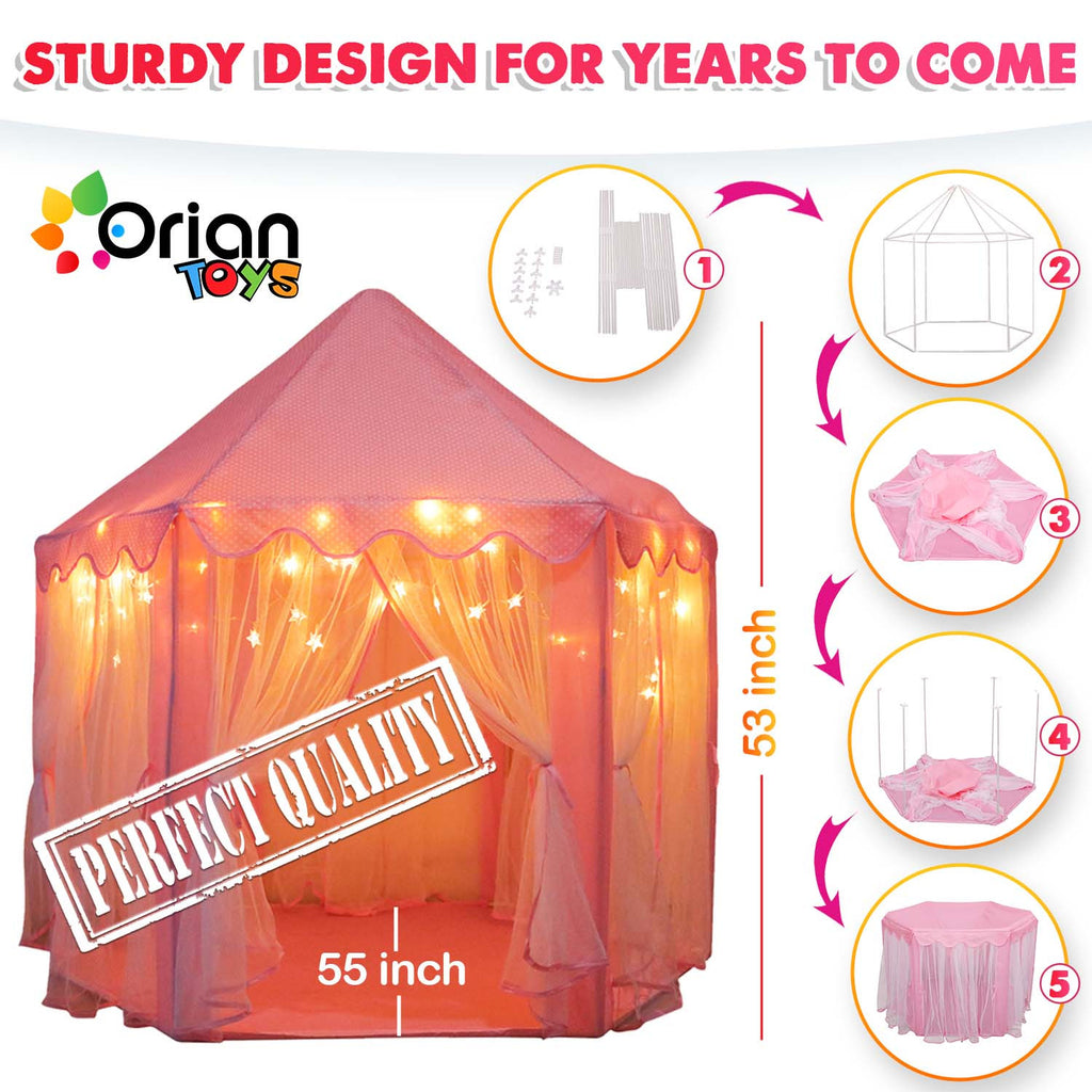 Princess Castle Play Tent with Star-LED Lights – Large Pink Indoor & Outdoor Kids Playhouse, Easy-Setup Fairy Castle for Birthday & Christmas Gifts