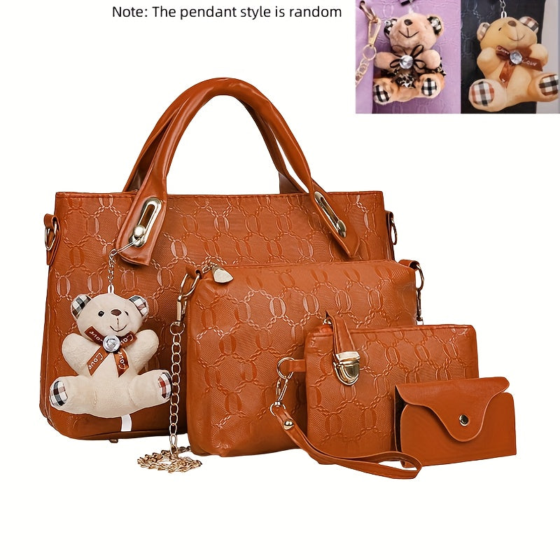 Embossed Women's 4-Piece Bag Set – Large Capacity Tote, Shoulder Crossbody Handbag with Bear Pendant | Retro Casual Style for Daily Commuting, Travel & Birthday Gifts | 9 Colours