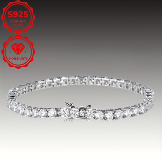 Deluxe S925 4mm Sterling Silver Moissanite Tennis Bracelet - Bright Cut, Arranged Moissanite Design - Elegant Ladies' Style, Suitable For Weddings, Birthdays, Anniversaries, New Year Gifts, Mother'S Day Gifts, Total Weight Of The Product (10.747g)