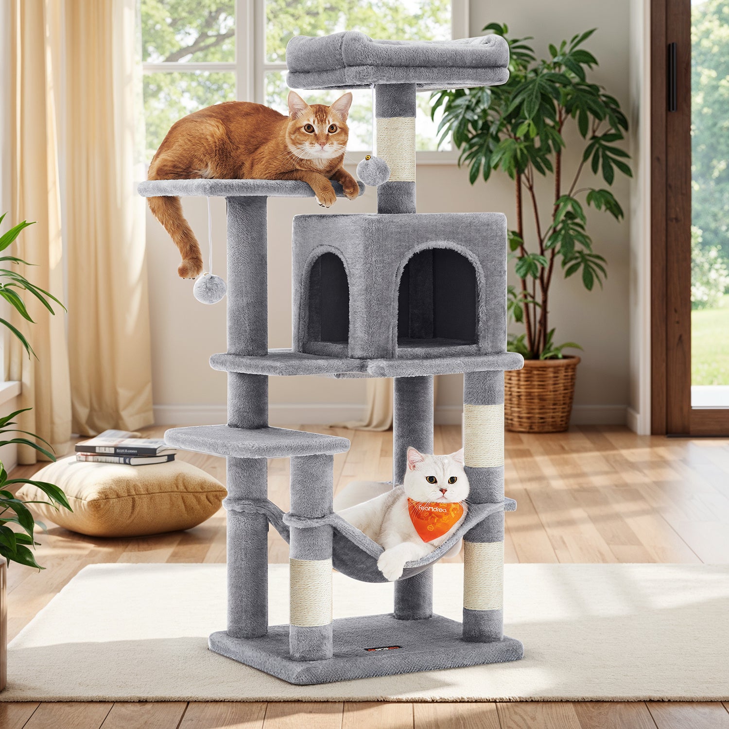 Cat Tree 44-Inch Multi-Level Cat Tower for Indoor Cats – Cat Condo with Scratching Posts, Perches, Hammock & Cave, Plush Smoky Gray, Fits Up to 4 Cats