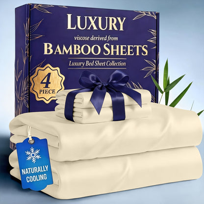 Bamboo Cooling Bed Sheets Set 4-Piece – Soft Lightweight Breathable Deep Pocket 16" Fitted Sheet for Hot Sleepers, Flat Sheet & 2 Pillowcases for Bedroom Kids Room
