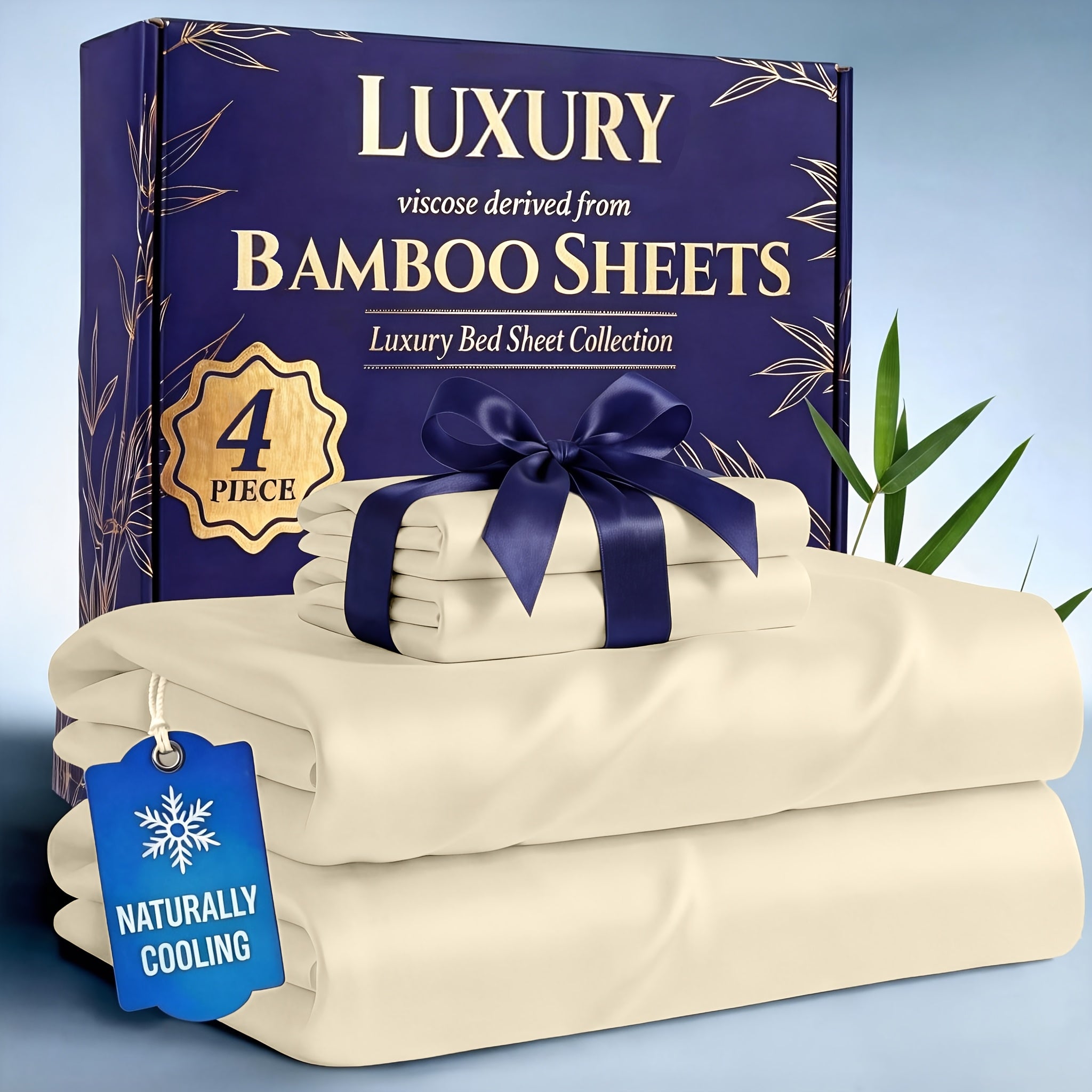 Bamboo Cooling Bed Sheets Set 4-Piece – Soft Lightweight Breathable Deep Pocket 16" Fitted Sheet for Hot Sleepers, Flat Sheet & 2 Pillowcases for Bedroom Kids Room