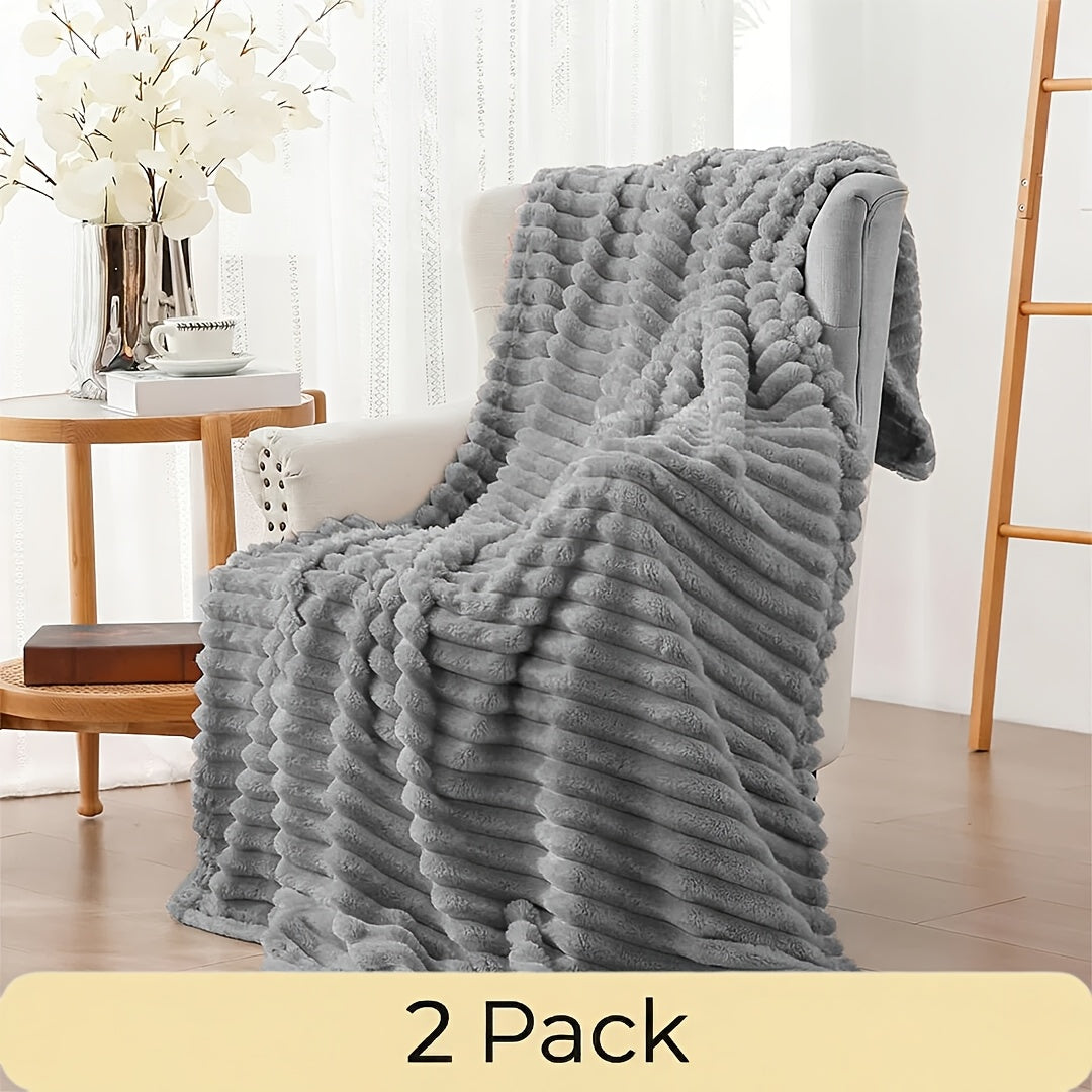 Faux Fur Rabbit Blanket Set of 2 – 260GSM Striped Luxury Plush Throw, OEKO-TEX Certified, Machine Washable, Cozy Sofa & Bed Blanket for Women & Men, Multiple Colours